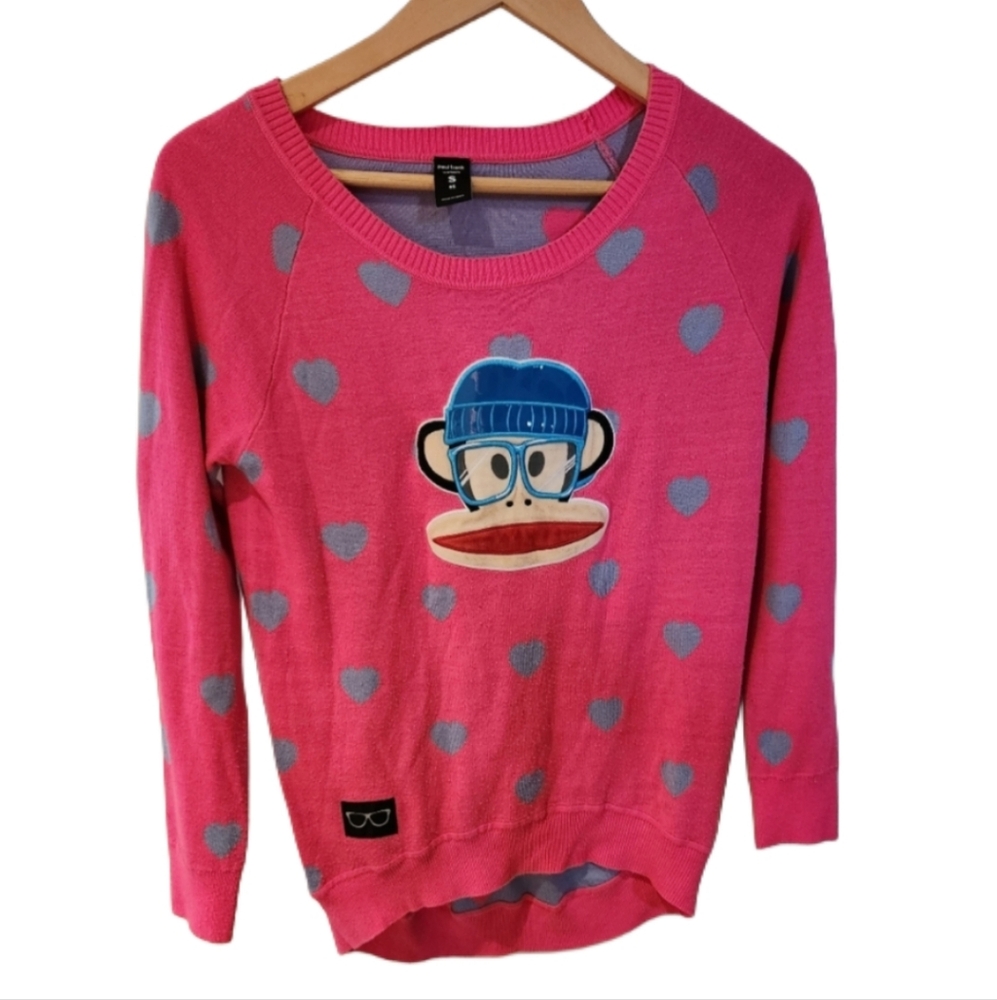 Paul Frank Small OS Pink and Gray Crew Neck Sweater with Cartoon‎ Design Hearts